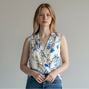 Alfani Blue and Cream Floral Blouse